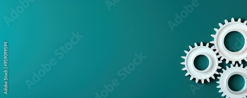 Three white gears on a Turquoise background, laid flat, copy space concept for business technology and development in the abstract vector with copy space 