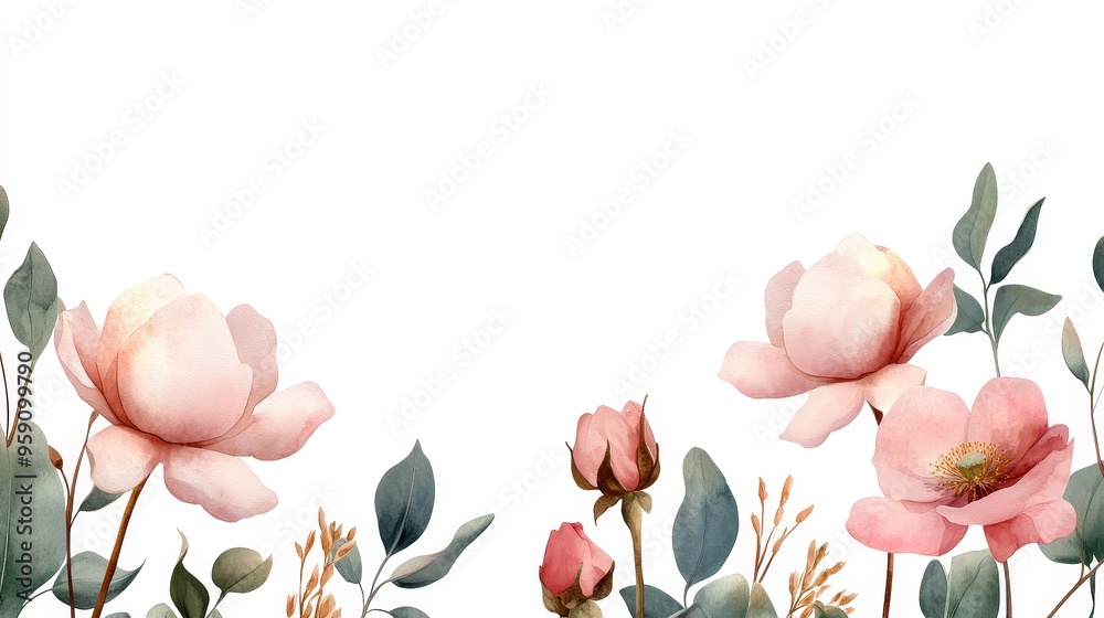 Φωτογραφία A delicate watercolor illustration of a floral frame with pink roses and eucalyptus leaves, symbolizing beauty, growth, love, and new beginnings