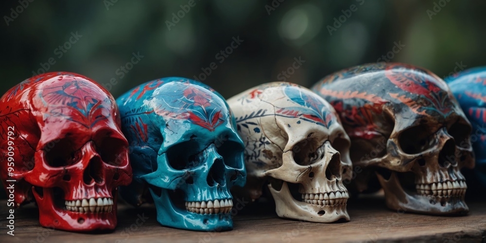 A row of colorful skulls with blue and red designs on them. A row of colorful skulls with blue and red designs on them.