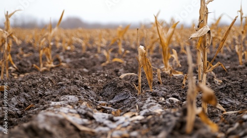 A close-up of withered plants and dry soil in a once-fertile agricultural field, depicting the effects of prolonged droughts and climate change on farming