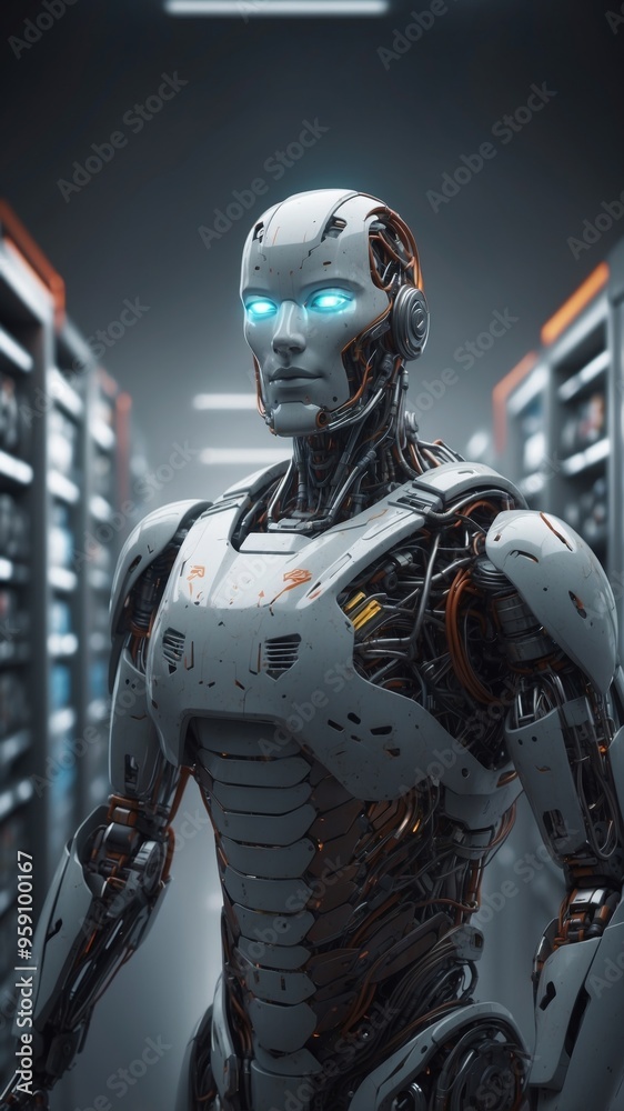 powered robot stands in a server room with an artificial intelligence emblem displayed on its chest - symbol for the large consumption of computing power through. powered robot stands in a server room with an artificial intelligence emblem displayed on its chest - symbol for the large consumption of computing power through.