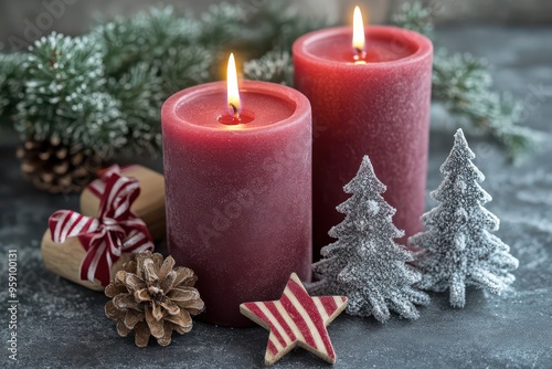 Christmas Candles with Pine Branch and Wooden Ornaments