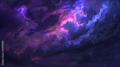 Dramatic Stormy Sky: A dramatic stormy sky with dark clouds and lightning bolts illuminating the scene. 
