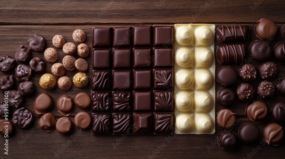 chocolate, various milk, white, and black chocolate varieties on a lovely wooden background chocolate, various milk, white, and black chocolate varieties on a lovely wooden background