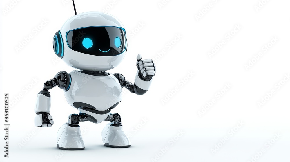 A friendly robot with blue eyes is giving a thumbs up, symbolizing positivity, approval, encouragement, and success. The robot is isolated on a white background, making it perfect for various design p A friendly robot with blue eyes is giving a thumbs up, symbolizing positivity, approval, encouragement, and success. The robot is isolated on a white background, making it perfect for various design p