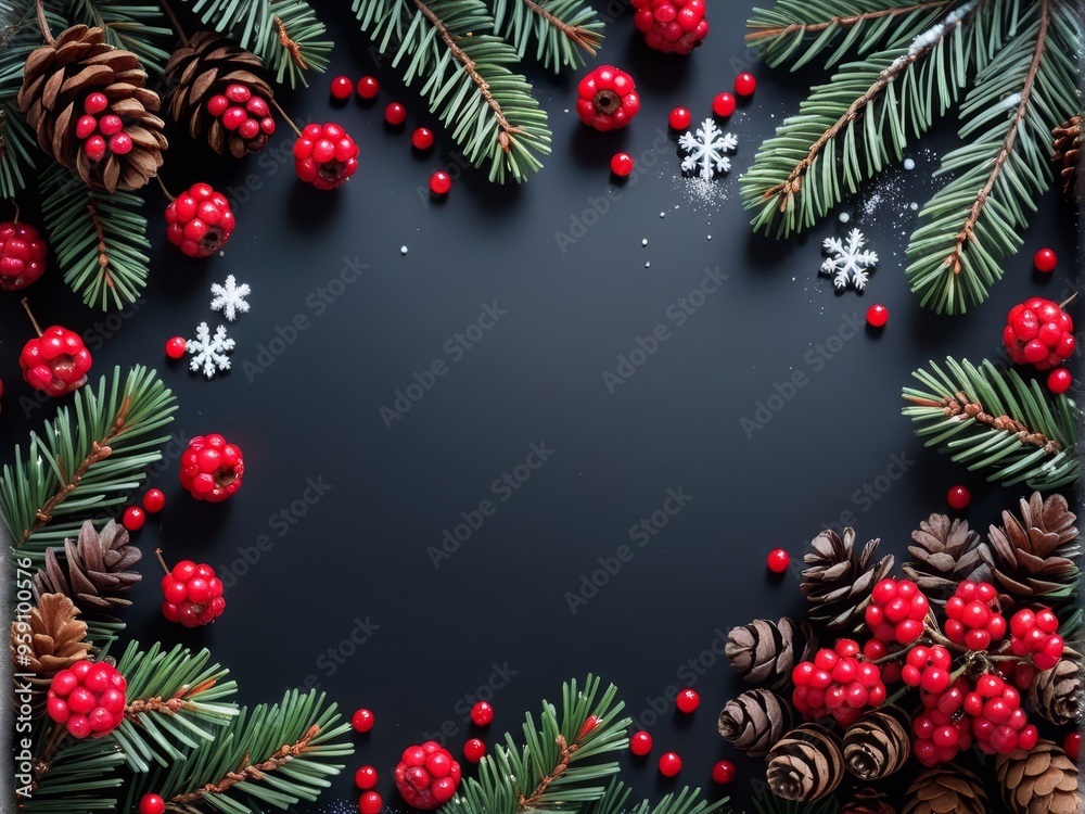 Festive Christmas border with pine branches, red berries, pine cones, and snowflakes on a dark background.