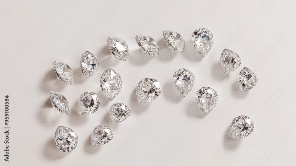 A collection of loose diamonds arranged in a semi-circle on a white background, with each diamond perfectly aligned A collection of loose diamonds arranged in a semi-circle on a white background, with each diamond perfectly aligned