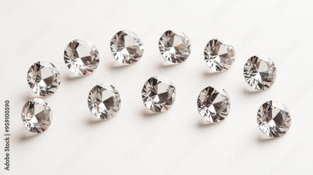 A collection of loose diamonds arranged in a semi-circle on a white background, with each diamond perfectly aligned A collection of loose diamonds arranged in a semi-circle on a white background, with each diamond perfectly aligned