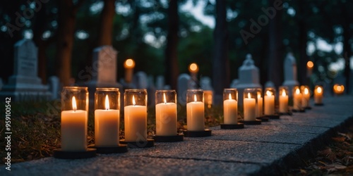 A row of candles are lit on a path in front of a cemetery. photo