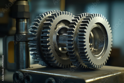 Metallic gears interlocking. Mechanical efficiency in industrial design