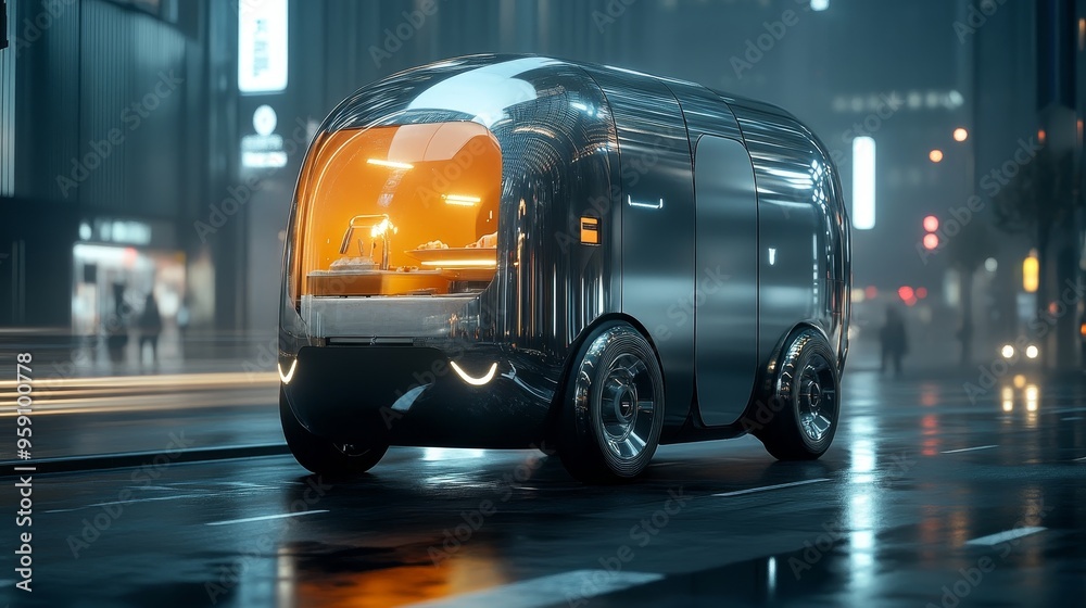 A futuristic mobile bakery truck with a sleek metallic design, showcasing a modern and innovative approach to food service. The truck's design symbolizes innovation, efficiency, and a commitment to pr A futuristic mobile bakery truck with a sleek metallic design, showcasing a modern and innovative approach to food service. The truck's design symbolizes innovation, efficiency, and a commitment to pr