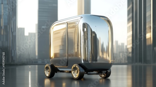 A futuristic mobile bakery truck with a sleek metallic design, showcasing innovation and style in the food industry. The concept symbolizes convenience, modern food service, and a commitment to delive photo