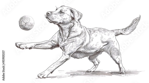 Clean line illustration of a dog playing fetch, isolated on white background. 32k, full ultra HD, high resolution photo