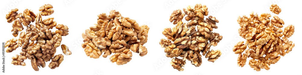 Chopped walnuts isolated on transparent background, set of Chopped walnuts isolated on transparent background, set of