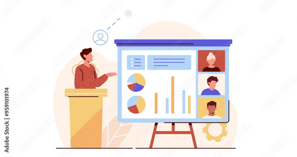 Digital education. Moving banner with male speaker conducting online conference with students. Distance education, electronic learning and remote studying. Cartoon flat animated graphics