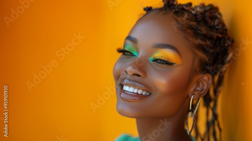 A portrait of an African American woman with green eye shadow, laughing heartily against a vibrant orange backdrop.