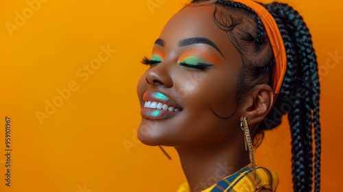A portrait of an African American woman with green eye shadow, laughing heartily against a vibrant orange backdrop.