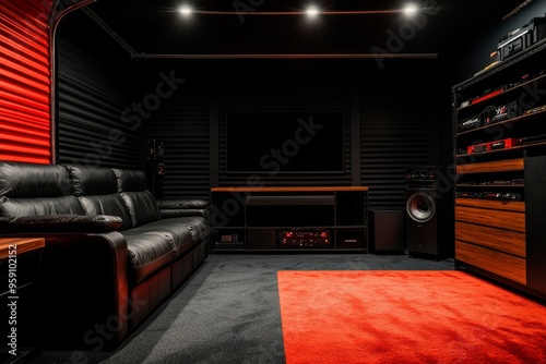 A luxurious home theater room with a plush leather couch, a large TV screen, a red carpet, and an impressive sound system. This space embodies entertainment, luxury, and sophistication.