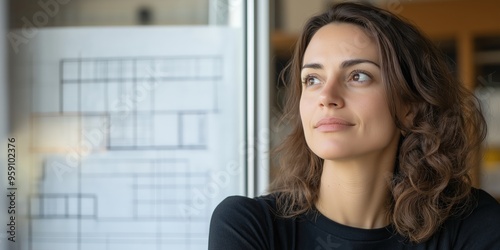 A young businesswoman gazing out of a window at a desk in a modern office building