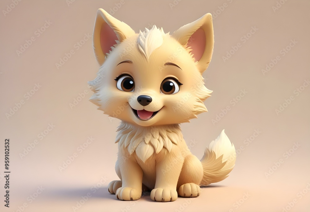 adorable cartoon style, Small brown wolf cub with a playful expression, tongue out, on a muted taupe background., 3d render cartoon, vibrant color palette adorable cartoon style, Small brown wolf cub with a playful expression, tongue out, on a muted taupe background., 3d render cartoon, vibrant color palette