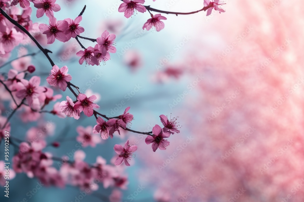 Happy Valentines Day Tree. Beautiful Cherry Blossom Blooming on a Blue Botany Background
