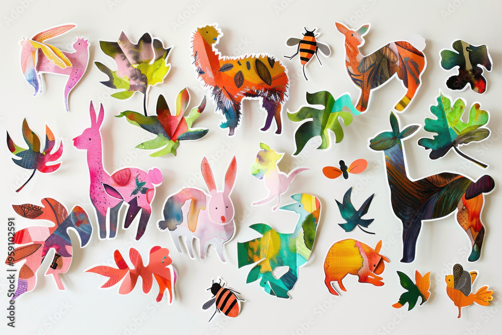 Obraz premium Colorful paper cutouts of animals, leaves, and insects arranged on a white background. Playful nature and wildlife illustration concept
