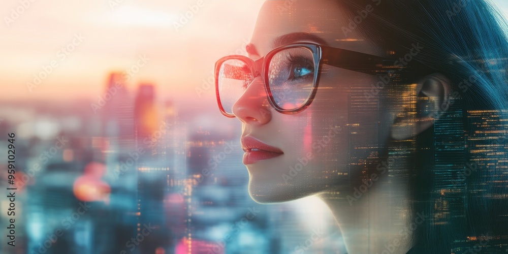 Digital and Cityscape Background with Professional Woman in Glasses Digital and Cityscape Background with Professional Woman in Glasses