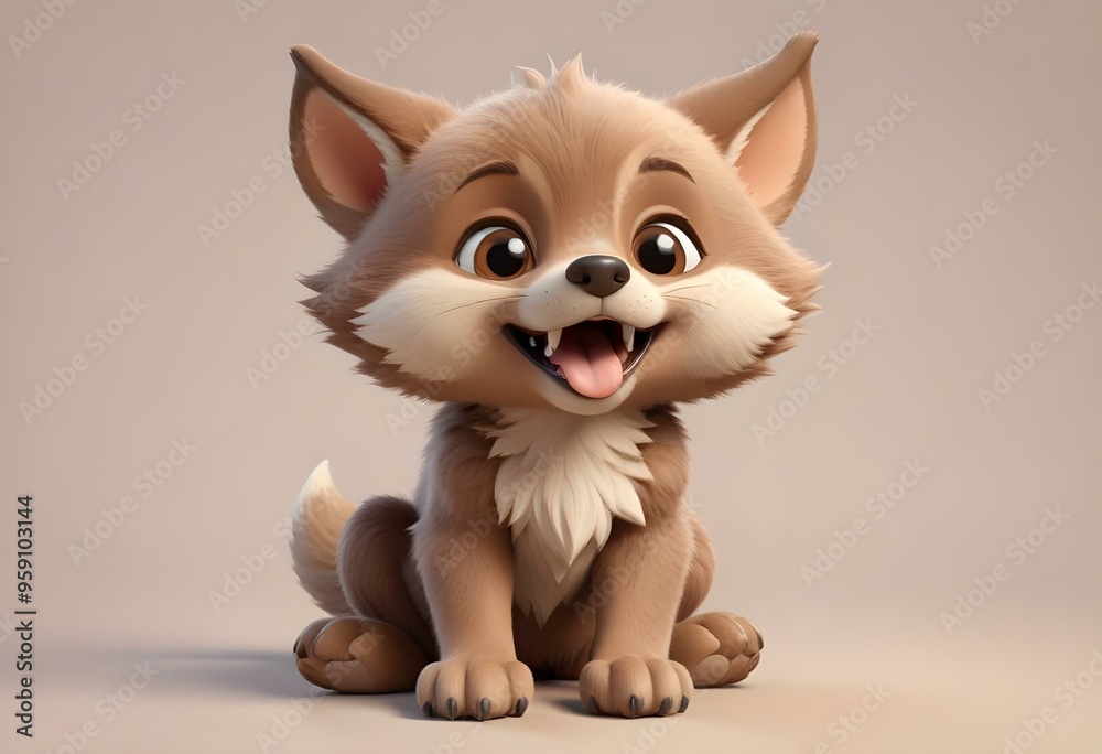 adorable cartoon style, Small brown wolf cub with a playful expression, tongue out, on a muted taupe background., 3d render cartoon, vibrant color palette adorable cartoon style, Small brown wolf cub with a playful expression, tongue out, on a muted taupe background., 3d render cartoon, vibrant color palette