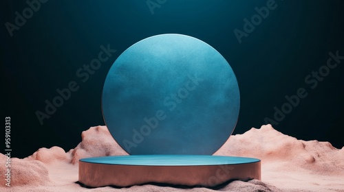 A minimalist 3D  of a metallic blue podium, set against a dark blue background and surrounded by a soft, sandy texture.  It creates a futuristic and abstract scene, ideal for product displays or showc photo