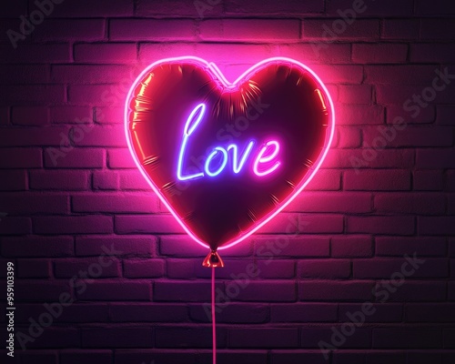 Neon Valentines Day. Love You Letter in Neon Light - Shiny Affectionate Balloon. February 14 Billboard Design