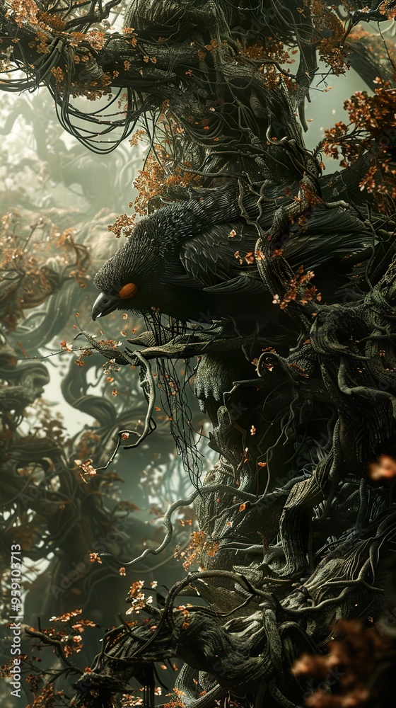 A raven with piercing orange eyes perched on a gnarled branch in a dense, mist-filled forest. A raven with piercing orange eyes perched on a gnarled branch in a dense, mist-filled forest.