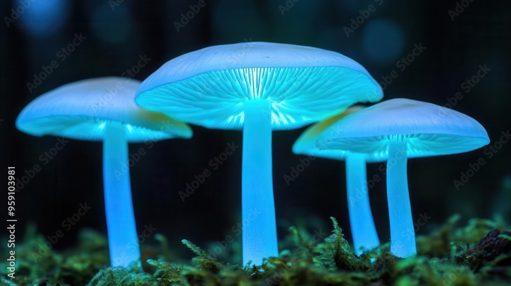 Fototapeta premium Glowing mushrooms in a dark enchanted forest, bioluminescent glowtime, otherworldly and mystical, nature's hidden wonders