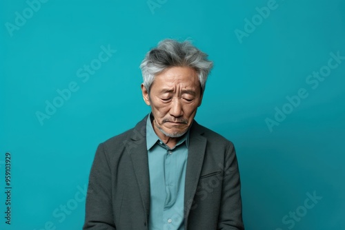 Turquoise background sad Asian man. Portrait of older mid-aged person beautiful bad mood expression boy Isolated on Background depression anxiety fear burn out health issue 