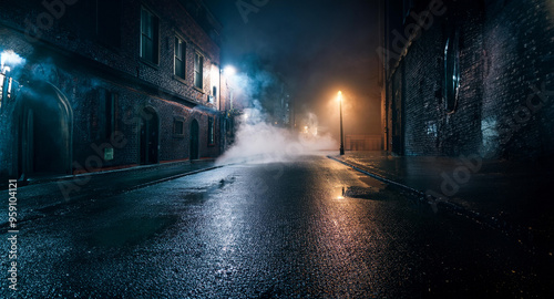 A dark, deserted street at night with steam rising from the asphalt. The street is illuminated by dim, flickering streetlights. Swirling upward from the cracks in the road, giving , Generative AI