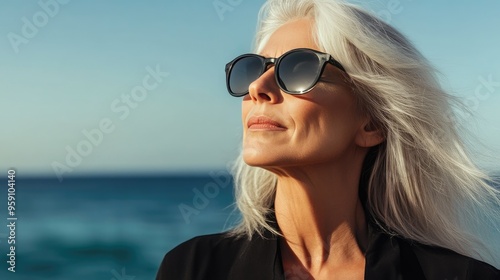 Chic Middle-Aged Woman Enjoying Ocean View