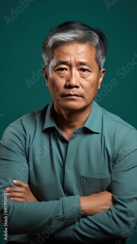 Turquoise background sad Asian man. Portrait of older mid-aged person beautiful bad mood expression boy Isolated on Background depression anxiety fear burn out health issue 