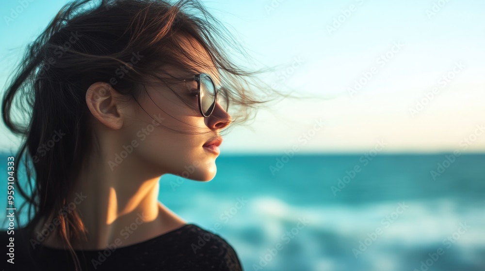 Fashion-Forward Young Woman Against Coastal Vista Fashion-Forward Young Woman Against Coastal Vista