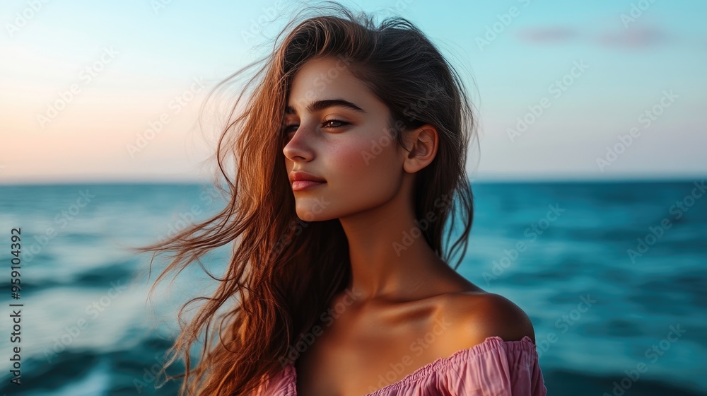 Stylish Lady with Coastal Landscape Backdrop Stylish Lady with Coastal Landscape Backdrop