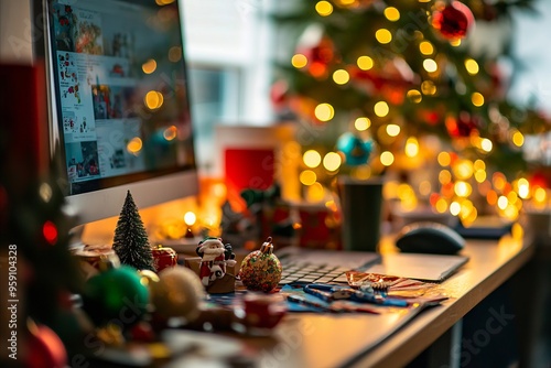 A computer monitor sitting on top of a desk next to a christmas tree photo