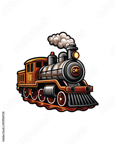 Editable stroke vector of a steam locomotive with wheels and smoke.