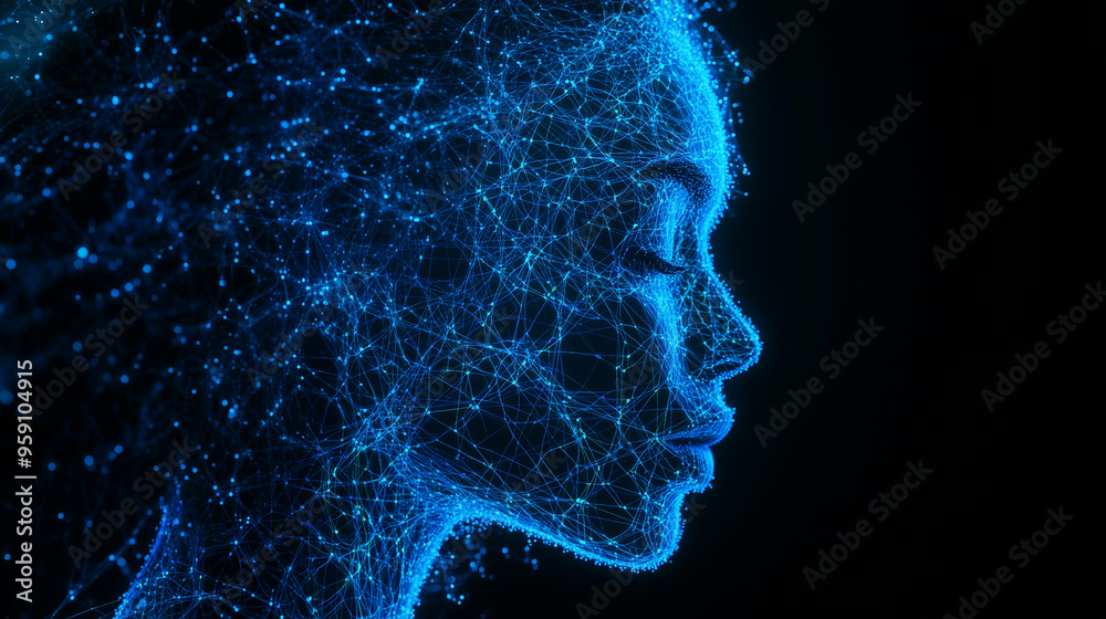 women face with neon blue digital connections, AI technology. left area for text or copy women face with neon blue digital connections, AI technology. left area for text or copy