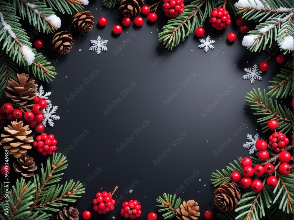 Festive Christmas frame with pine branches, red berries, pine cones, and snowflakes on a black background.
