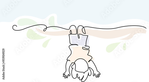 Happy little child hanging upside down on tree branch. Continuous one line drawing