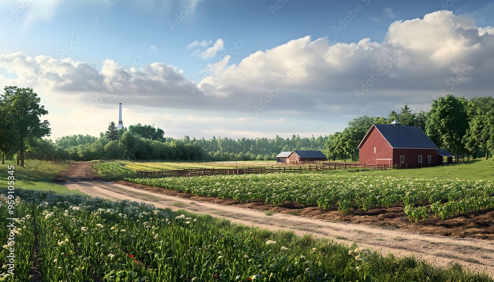 Red Barn and Farmland with a Dirt Road Leading to a Distant Forest and a Tall White Chimney Red Barn and Farmland with a Dirt Road Leading to a Distant Forest and a Tall White Chimney