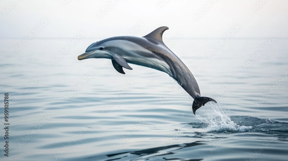 Fototapeta premium A dolphin performing a high jump and spin above the water, with a backdrop of a serene ocean and distant horizon.