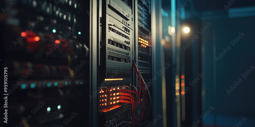 Obraz premium Close-Up of Server Racks in Low Light