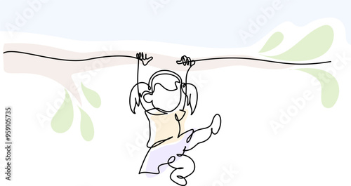 Child have fun hanging on branch. Playground. Kid weighs on rings upside down