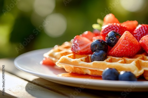 A plate of golden waffles topped with fresh strawberries and blueberries, drizzled with syrup, set against a blurred green background.  The waffles represent comfort and indulgence, the strawberries s photo