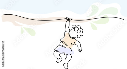 Child have fun hanging on branch. Playground. Kid weighs on rings upside down