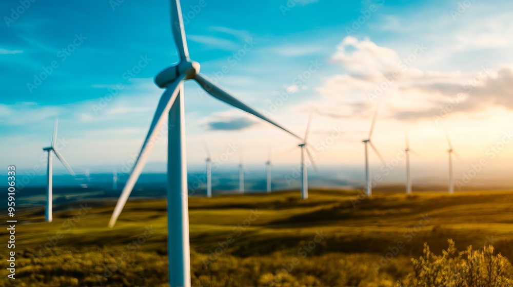 A field of windmills with a blue sky in the background A field of windmills with a blue sky in the background